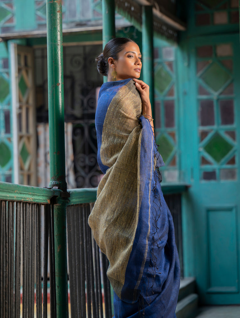 Stunning Elegance. Handwoven Bengal Linen Saree - Indigo Drape