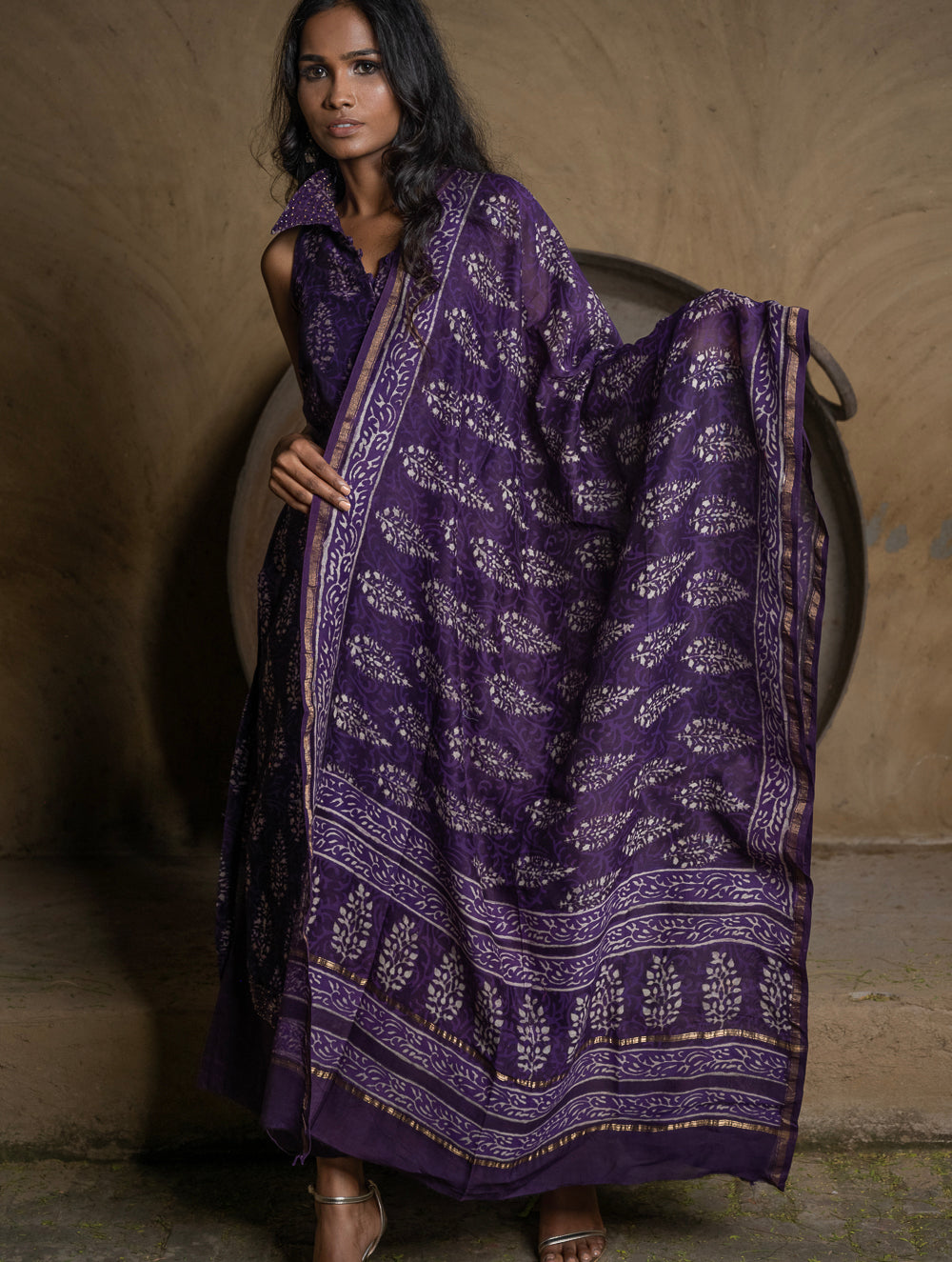 Load image into Gallery viewer, Summer Florals. Dabu Block Printed Chanderi Full Kurta Set - Purple Ornate (3 pc set)