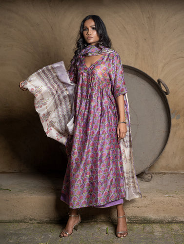 Summer Florals. Sanganeri Block Printed Chanderi Full Kurta Set - Mauve & Pink Flora (3 pc set)