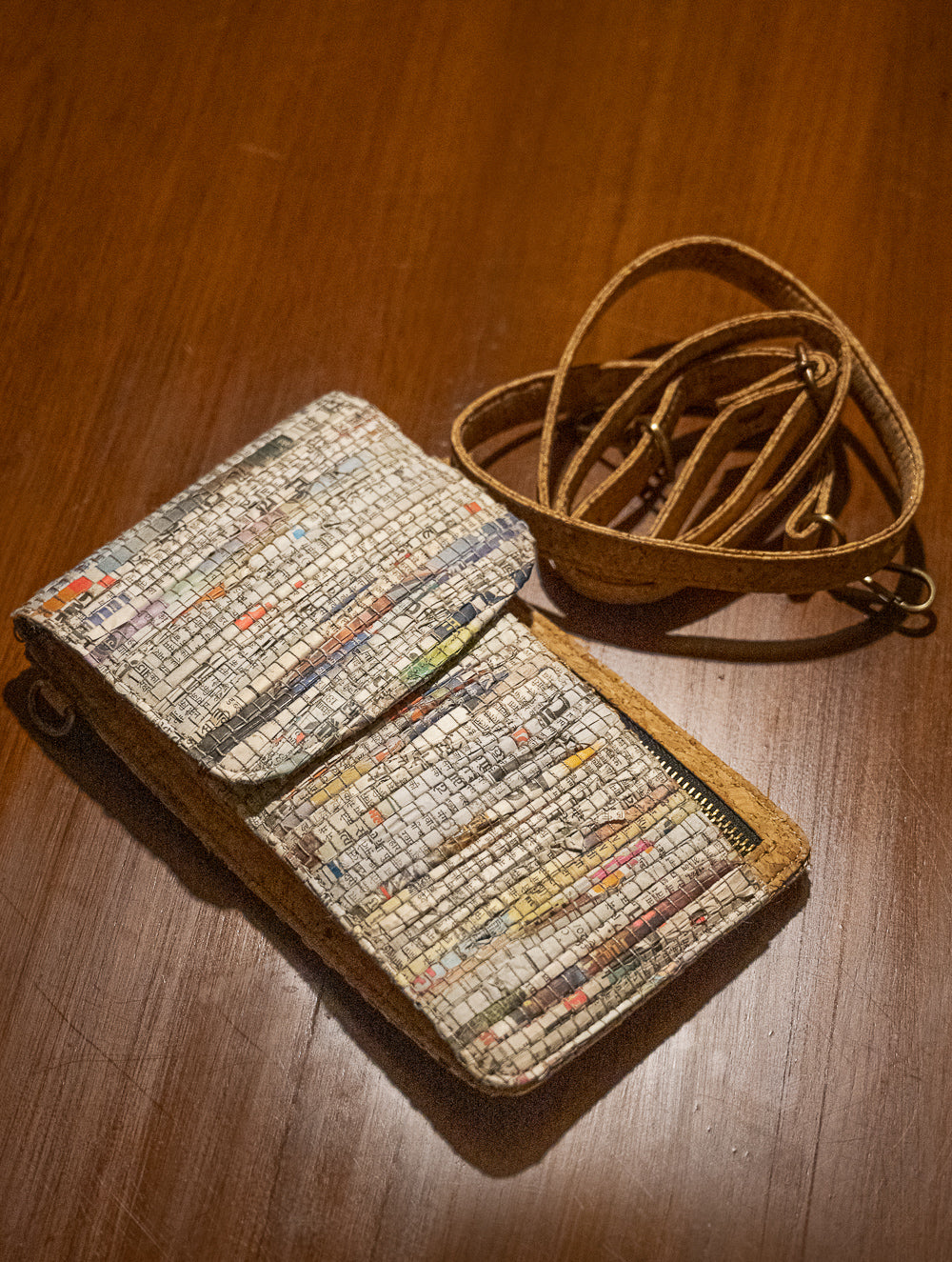 Sustainable & Handcrafted. Durable Newspaper & Cork Mobile Pouch