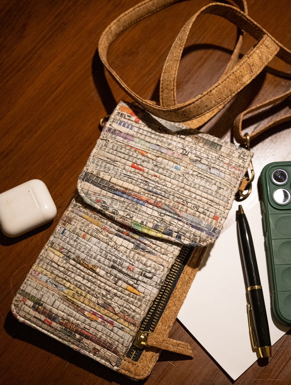Sustainable & Handcrafted. Durable Newspaper & Cork Mobile Pouch