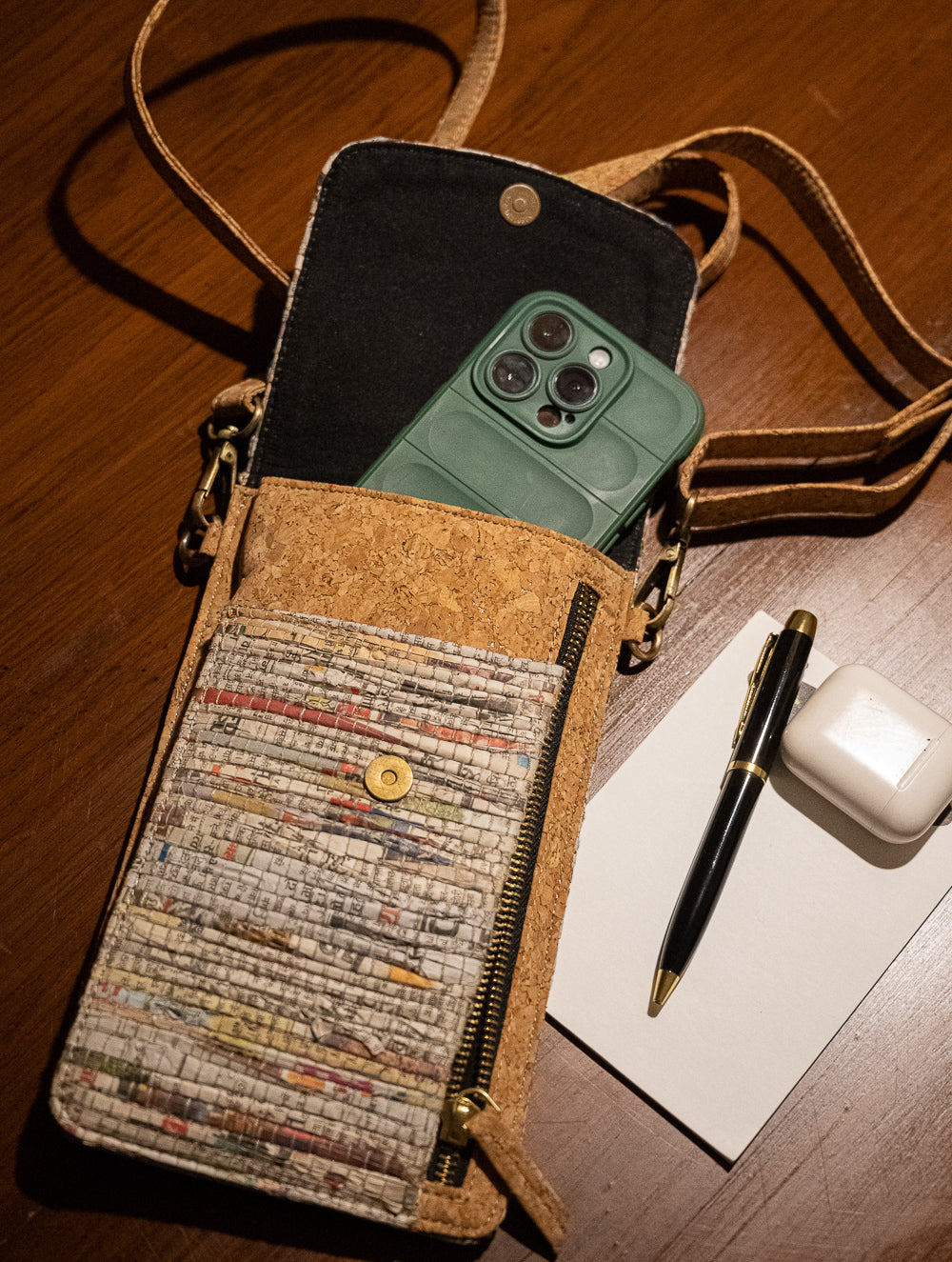 Sustainable & Handcrafted. Durable Newspaper & Cork Mobile Pouch