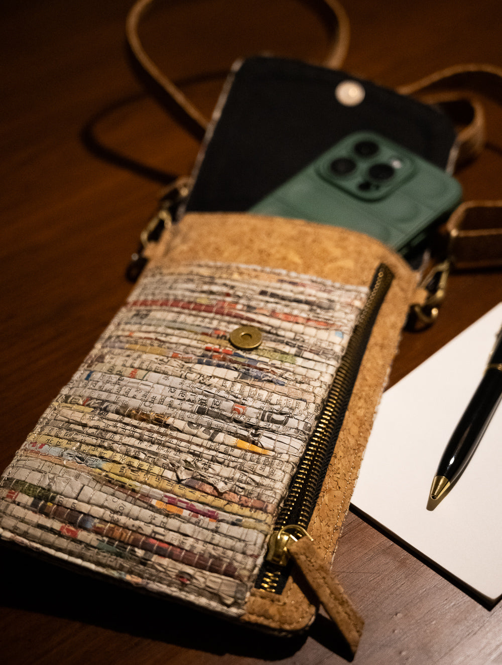 Sustainable & Handcrafted. Durable Newspaper & Cork Mobile Pouch