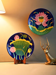 Pichwai Inspired Jaipur Blue Pottery Decorative Plate Set - Bloom in Blue (Set of 2)