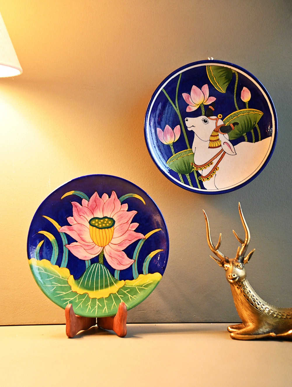 Pichwai Inspired Jaipur Blue Pottery Decorative Plate Set - Narrative in Contrast (Set of 2)