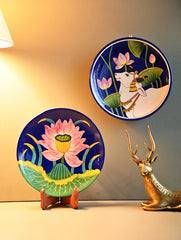 Pichwai Inspired Jaipur Blue Pottery Decorative Plate Set - Narrative in Contrast (Set of 2)