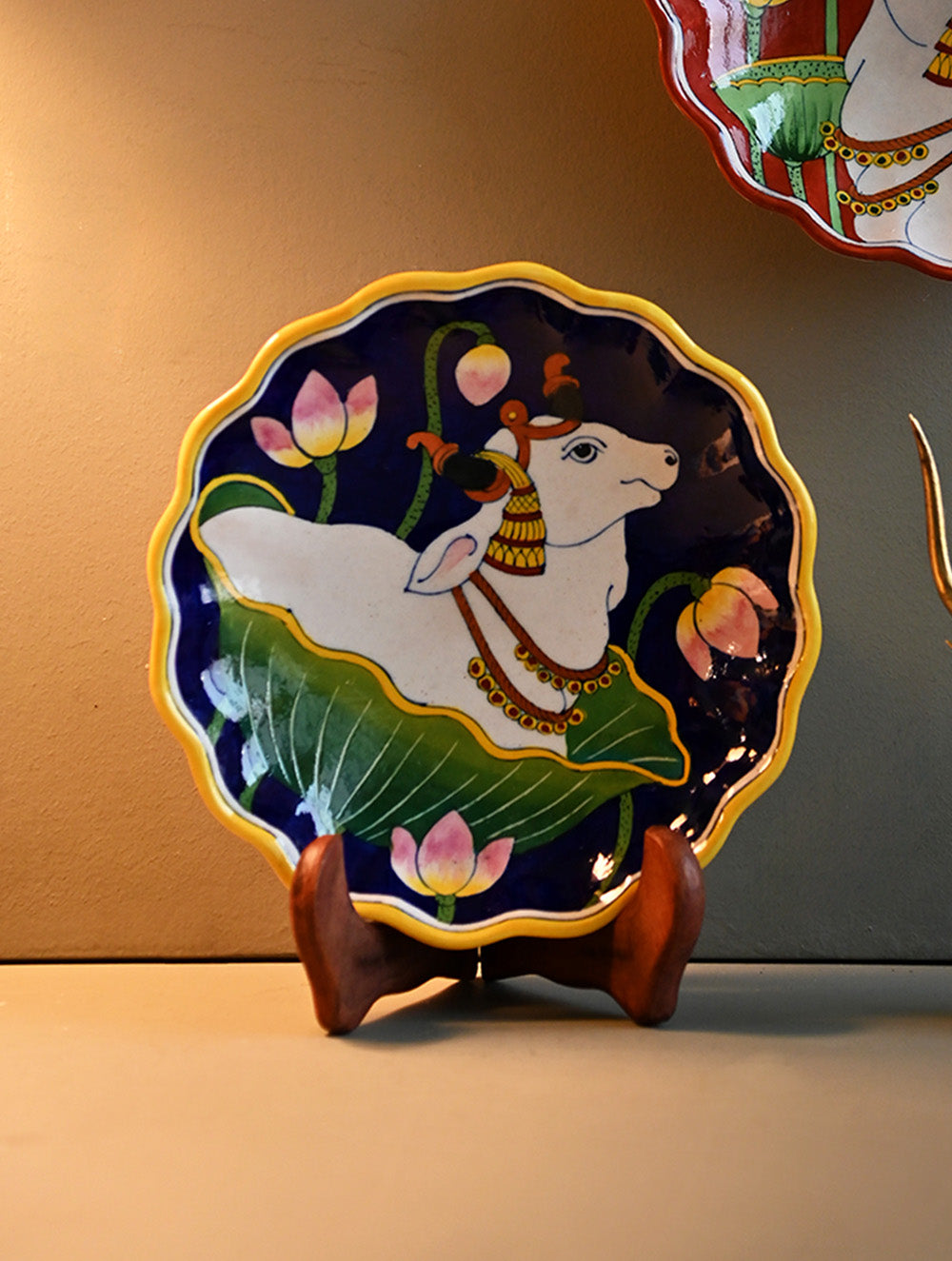Pichwai Inspired Jaipur Blue Pottery Decorative Plate - Indigo Kamadhenu