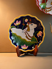 Pichwai Inspired Jaipur Blue Pottery Decorative Plate - Indigo Kamadhenu