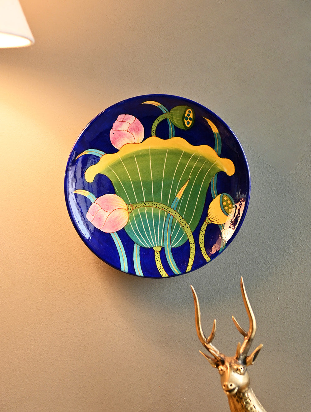 Pichwai Inspired Jaipur Blue Pottery Decorative Plate - Lotus Bulb