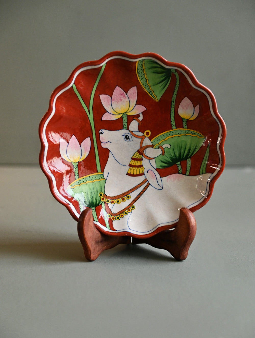 Pichwai Inspired Jaipur Blue Pottery Decorative Plate - Terraocotta Kamdhenu