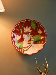 Pichwai Inspired Jaipur Blue Pottery Decorative Plate - Terraocotta Kamdhenu