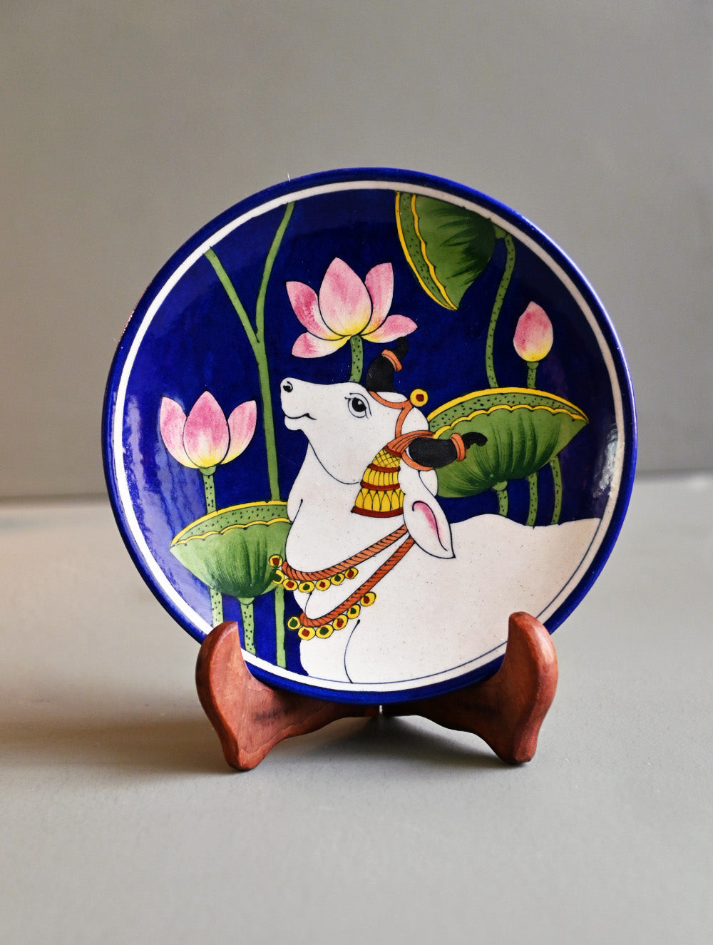 Pichwai Inspired Jaipur Blue Pottery Decorative Plate - Azure Kamdhenu