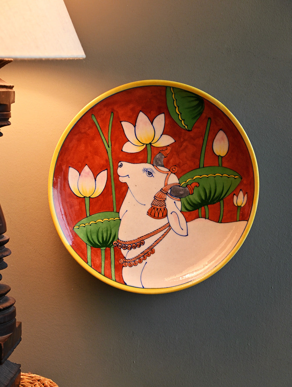 Pichwai Inspired Jaipur Blue Pottery Decorative Plate - Kamal Kamadhenu