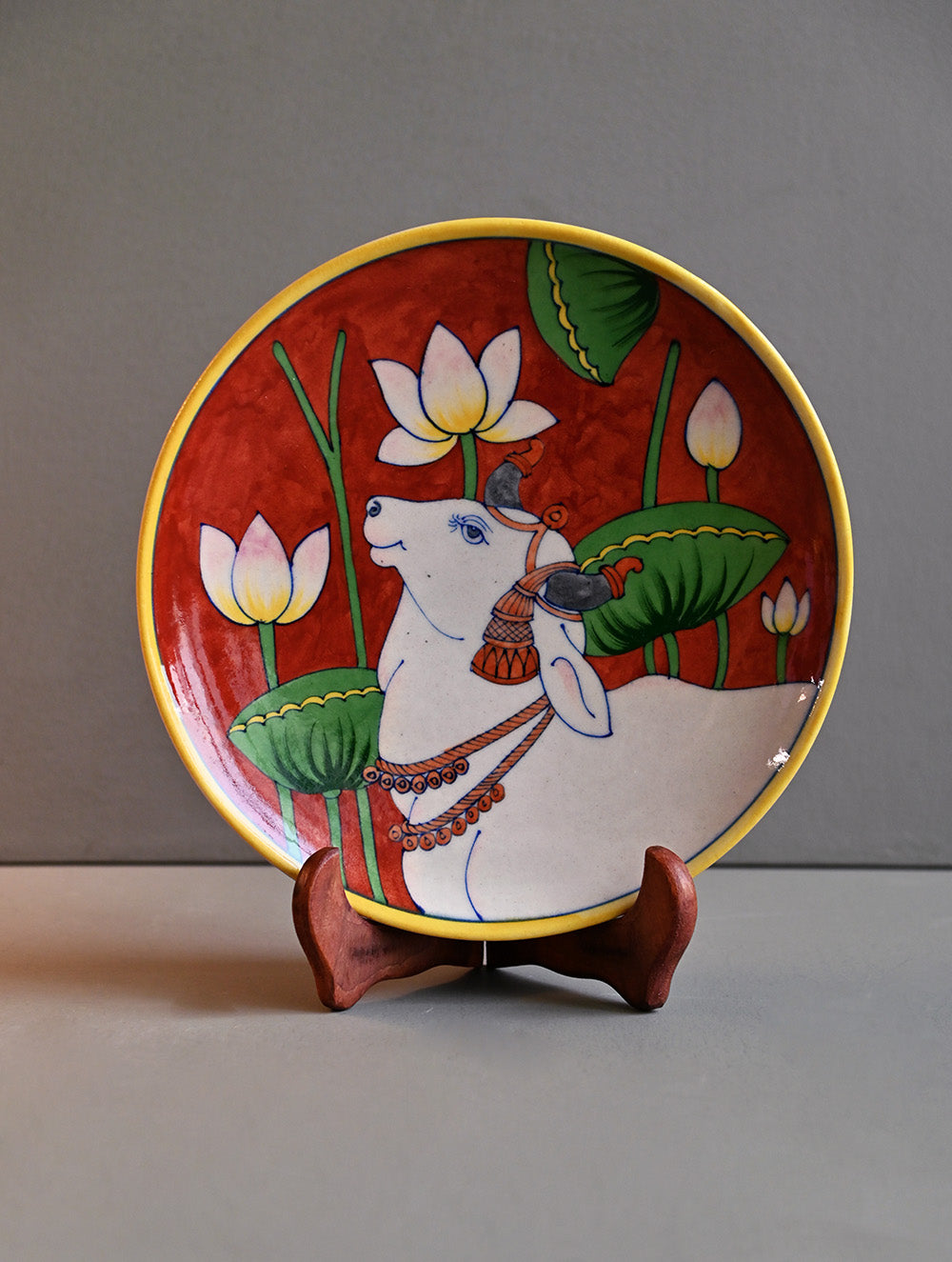 Pichwai Inspired Jaipur Blue Pottery Decorative Plate - Kamal Kamadhenu