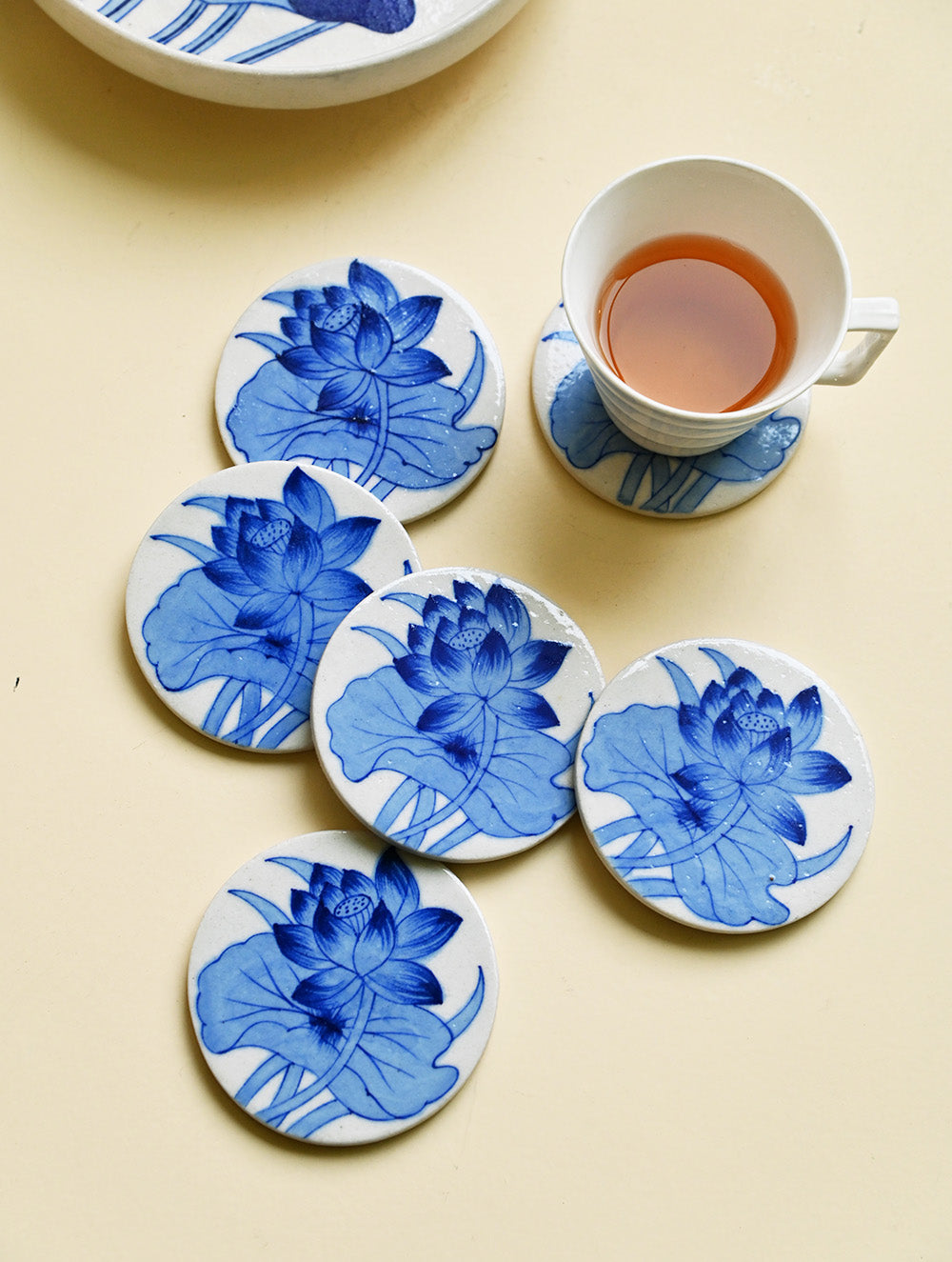 Jaipur Blue Pottery Coaster Set - Lotus Bloom (Set of 6)