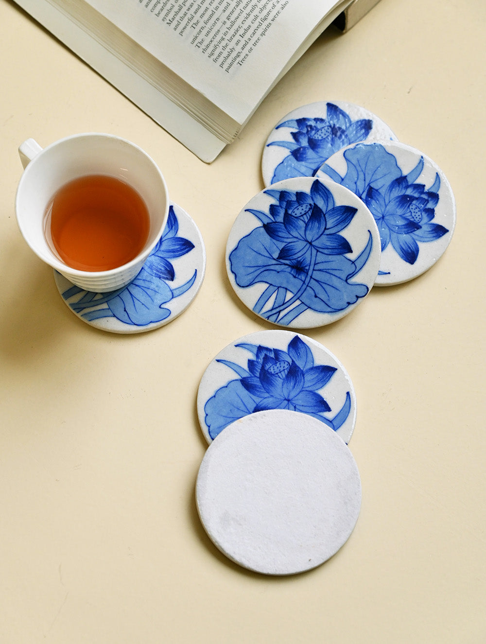 Jaipur Blue Pottery Coaster Set - Lotus Bloom (Set of 6)