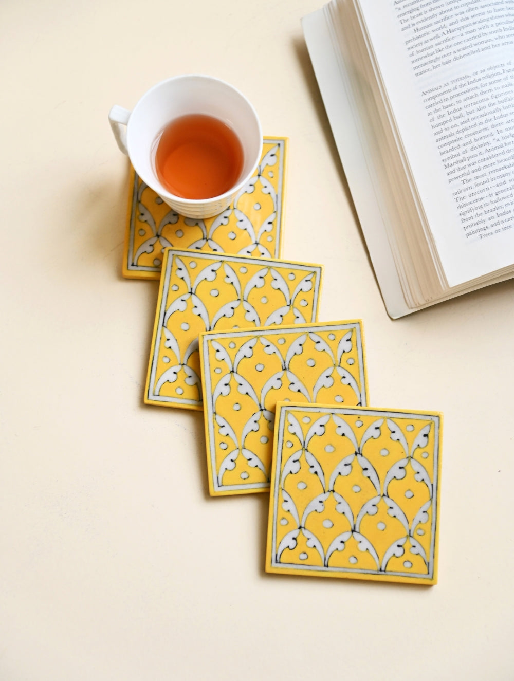 Jaipur Blue Pottery Coaster Set - Yellow Jaal (Set of 4) 