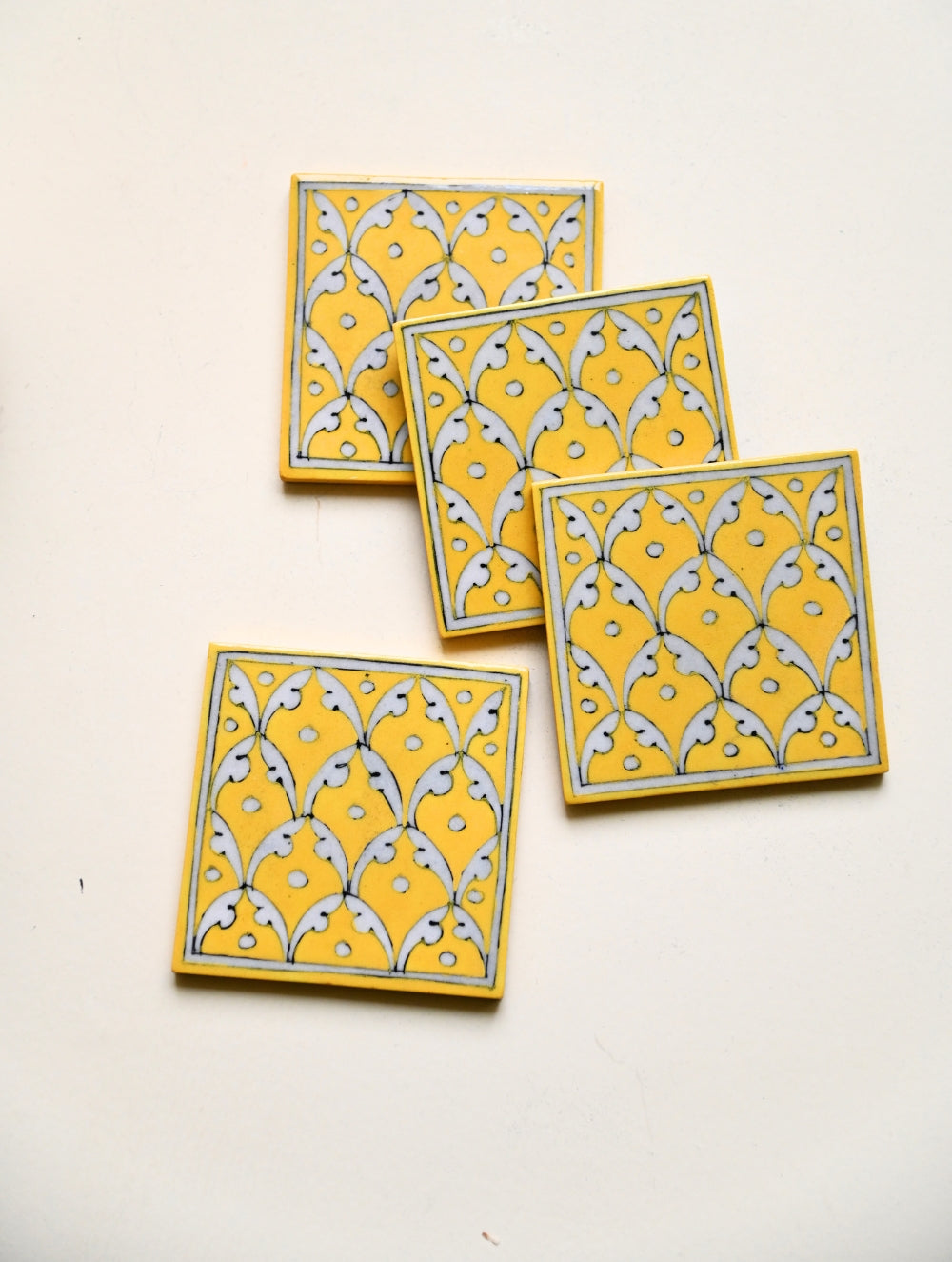 Jaipur Blue Pottery Coaster Set - Yellow Jaal (Set of 4) 