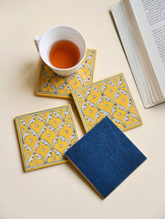 Jaipur Blue Pottery Coaster Set - Yellow Jaal (Set of 4) 