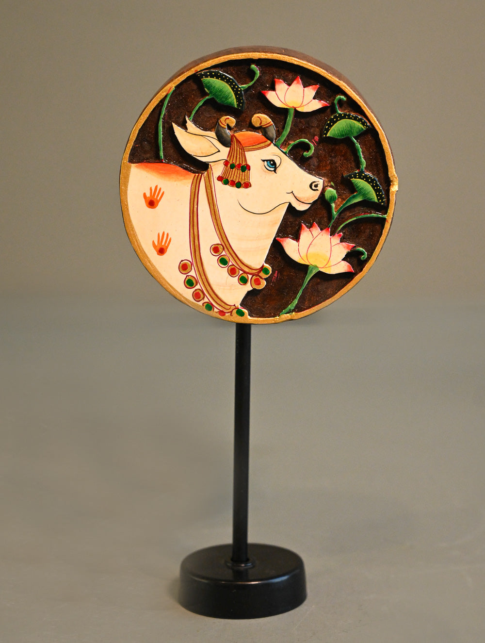 Exclusive Pichwai Carved Collectibles : Hand Engraved Wood Block Curio / Wall Piece - Kamal Gau 