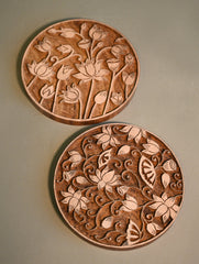 Exclusive Pichwai Carved Collectibles : Fine Hand Engraved Wooden Trivets / Coasters - Kamal Taal (Set of 2)