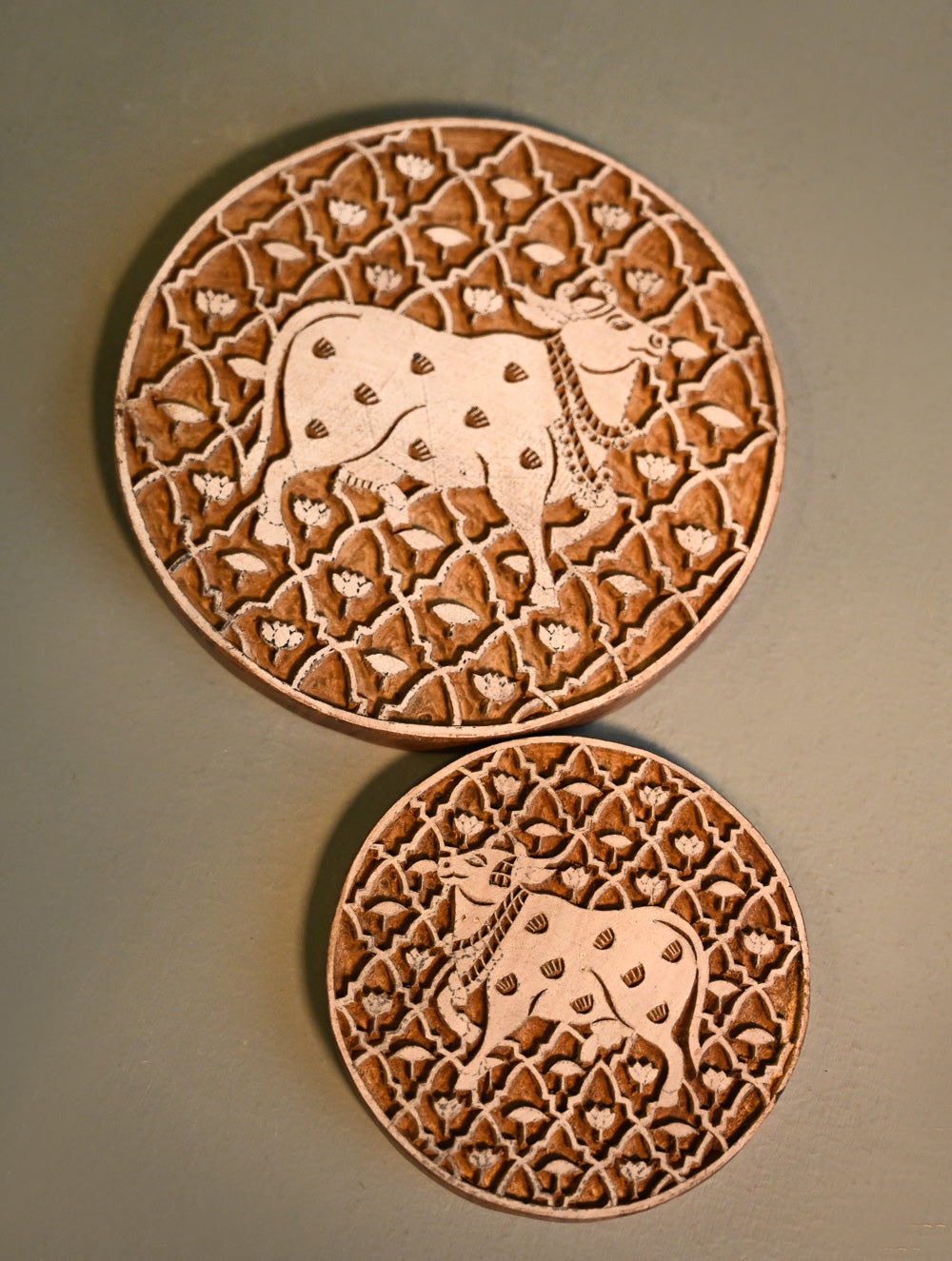 Exclusive Pichwai Carved Collectibles : Fine Hand Engraved Wooden Trivets / Coasters - Gau Jaali (Set of 2)