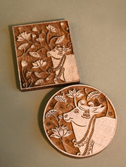 Exclusive Pichwai Carved Collectibles : Fine Hand Engraved Wooden Trivets / Coasters - Vraj Katha (Set of 2)