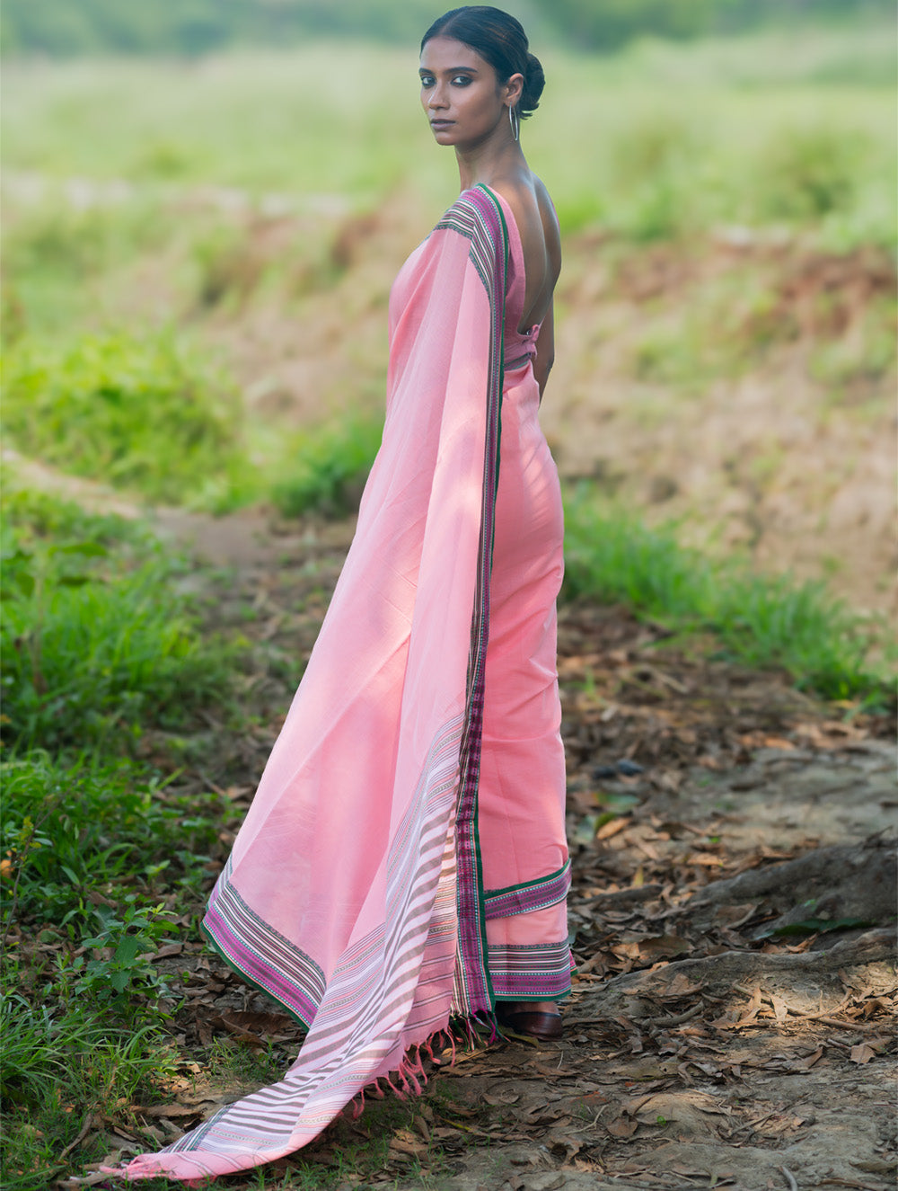 Bengal Weaves. Handwoven Soft Cotton Saree - Blush Meadow