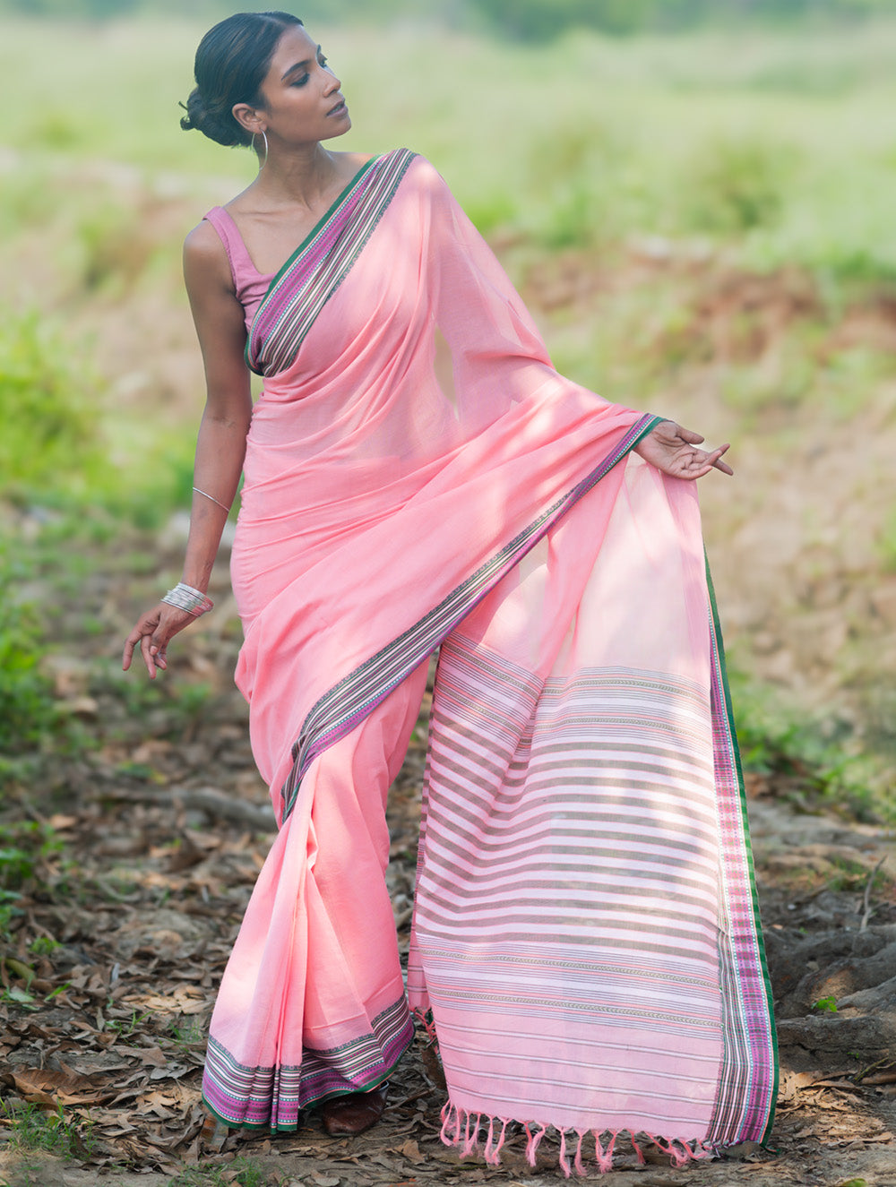 Bengal Weaves. Handwoven Soft Cotton Saree - Blush Meadow