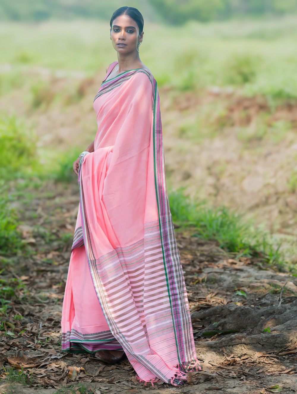 Bengal Weaves. Handwoven Soft Cotton Saree - Blush Meadow