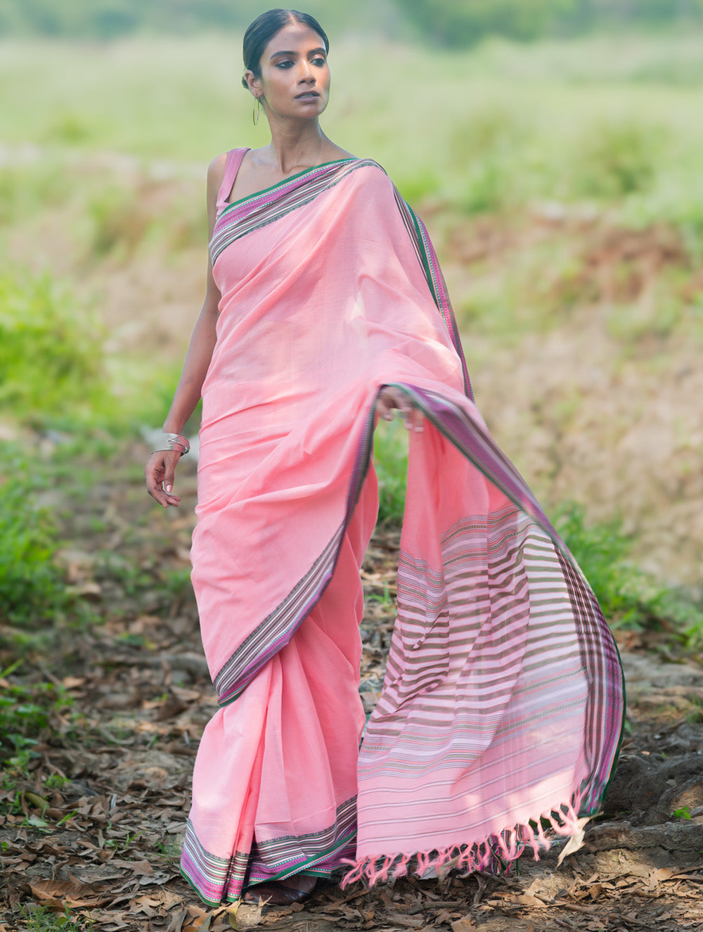 Bengal Weaves. Handwoven Soft Cotton Saree - Blush Meadow