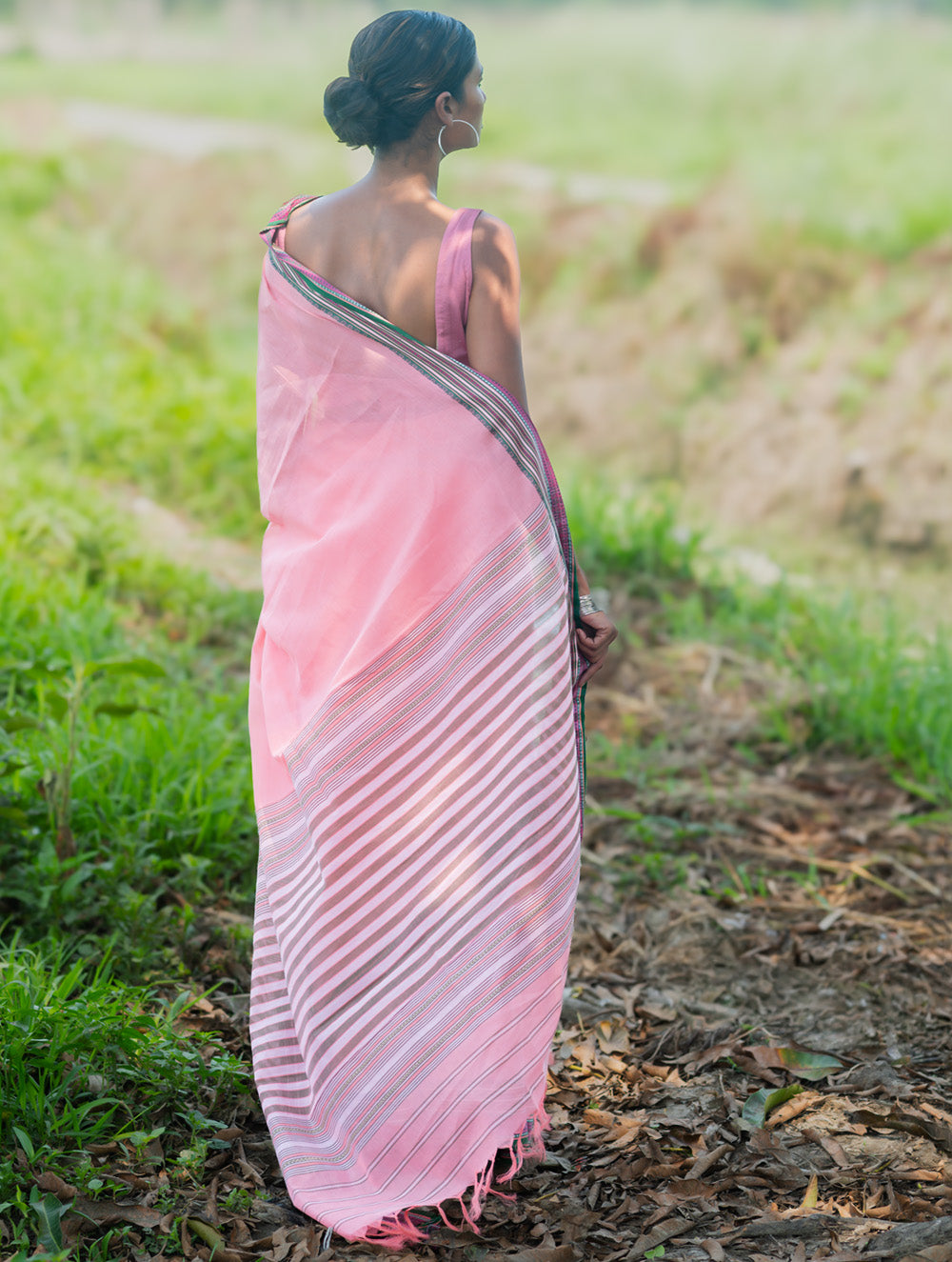 Bengal Weaves. Handwoven Soft Cotton Saree - Blush Meadow