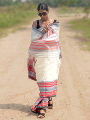 Bengal Weaves. Handwoven Soft Cotton Saree - Ivory Tartan