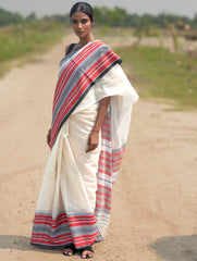 Bengal Weaves. Handwoven Soft Cotton Saree - Ivory Tartan