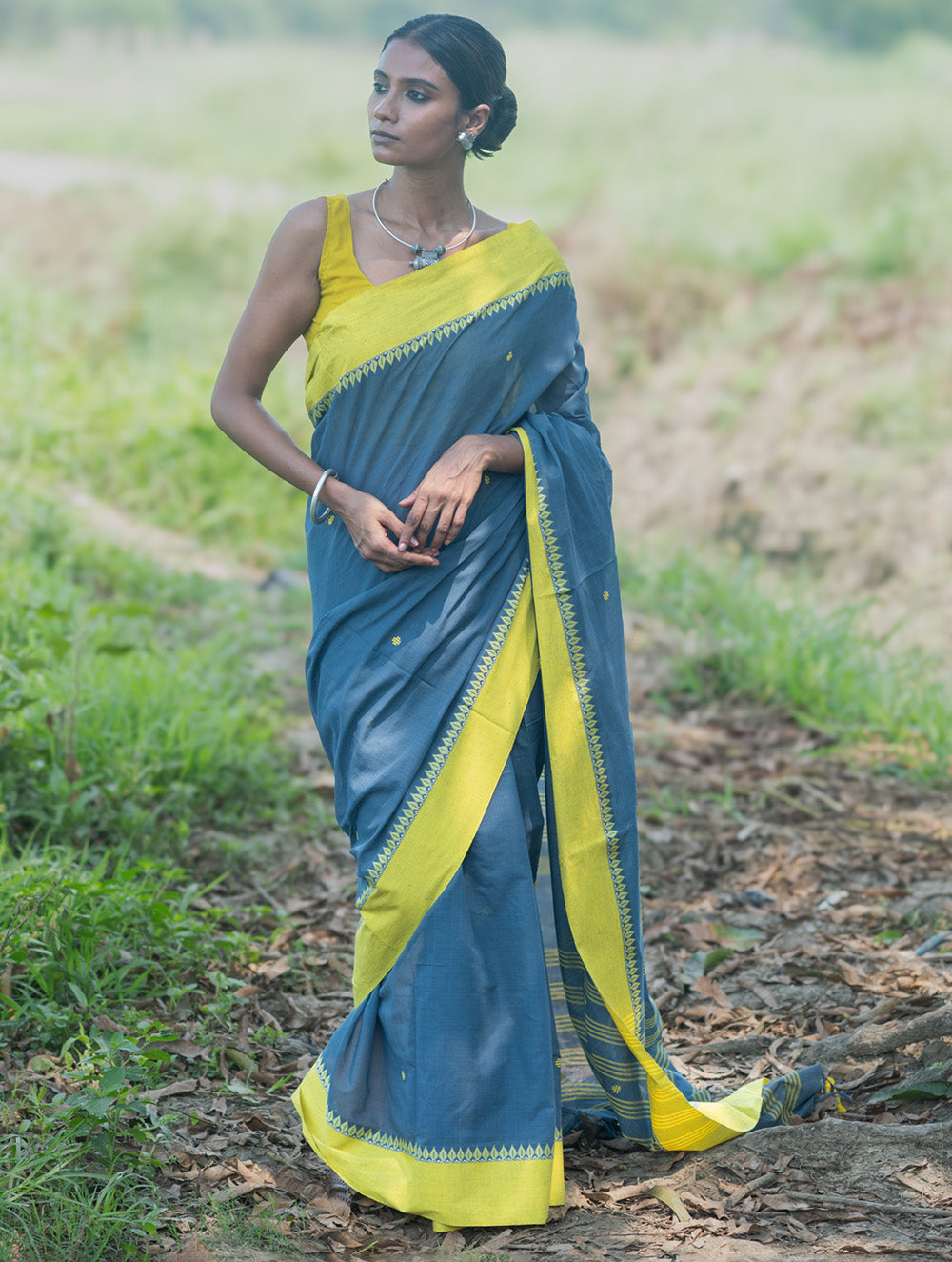Bengal Weaves. Handwoven Soft Cotton Saree - Monsoon Lime