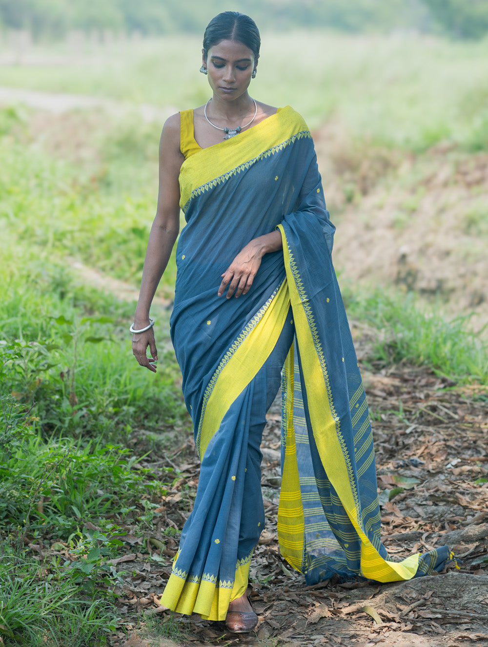 Bengal Weaves. Handwoven Soft Cotton Saree - Monsoon Lime