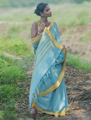 Bengal Weaves. Handwoven Soft Cotton Saree - Sky Harvest