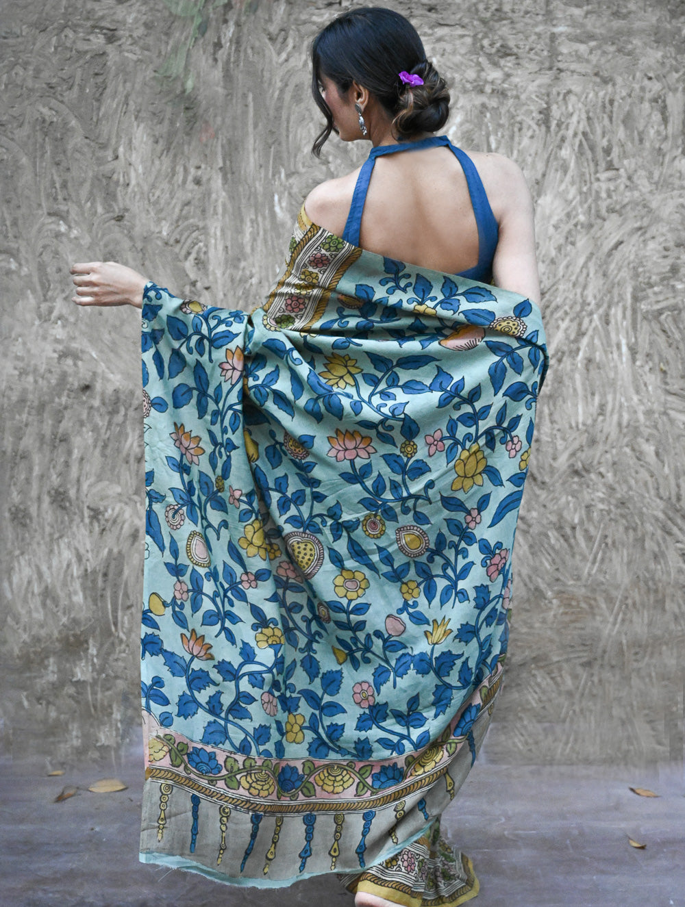 Signature Kalamkari Hand Painted Silk Blend Saree - Neelavalli