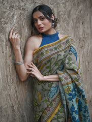 Signature Kalamkari Hand Painted Silk Blend Saree - Neelavalli