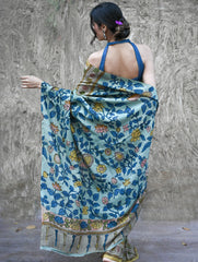 Signature Kalamkari Hand Painted Silk Blend Saree - Neelavalli