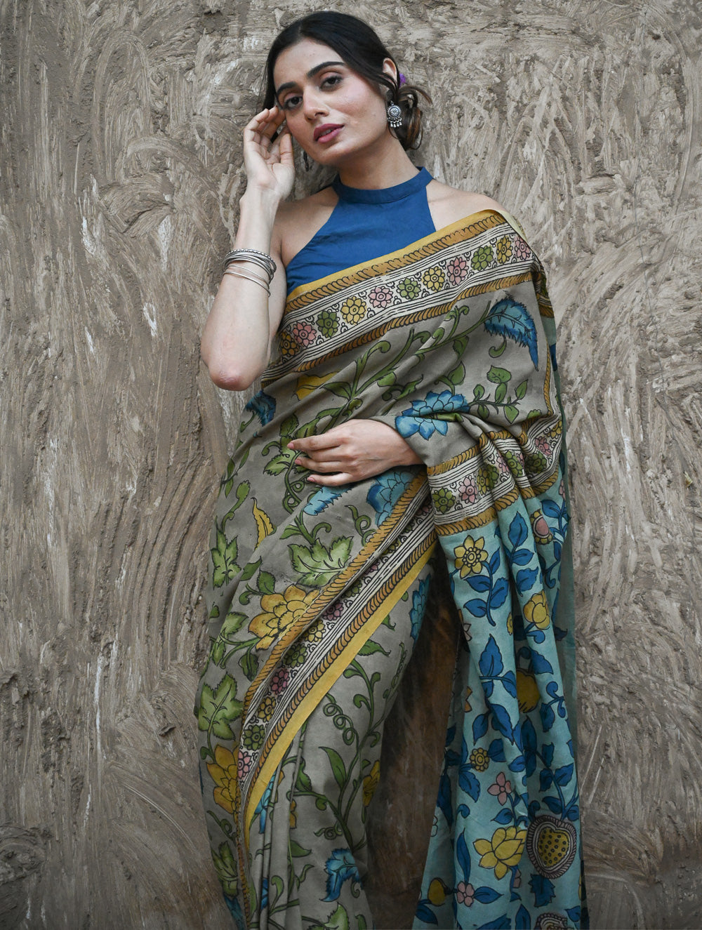 Signature Kalamkari Hand Painted Silk Blend Saree - Neelavalli