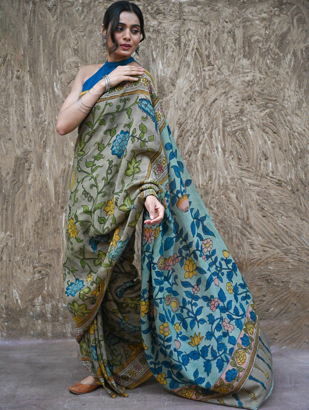 Signature Kalamkari Hand Painted Silk Blend Saree - Neelavalli