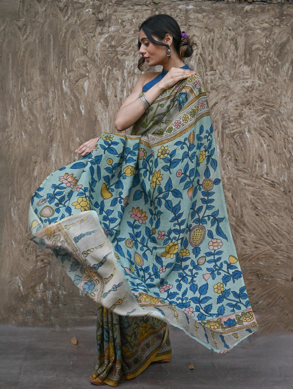 Signature Kalamkari Hand Painted Silk Blend Saree - Neelavalli