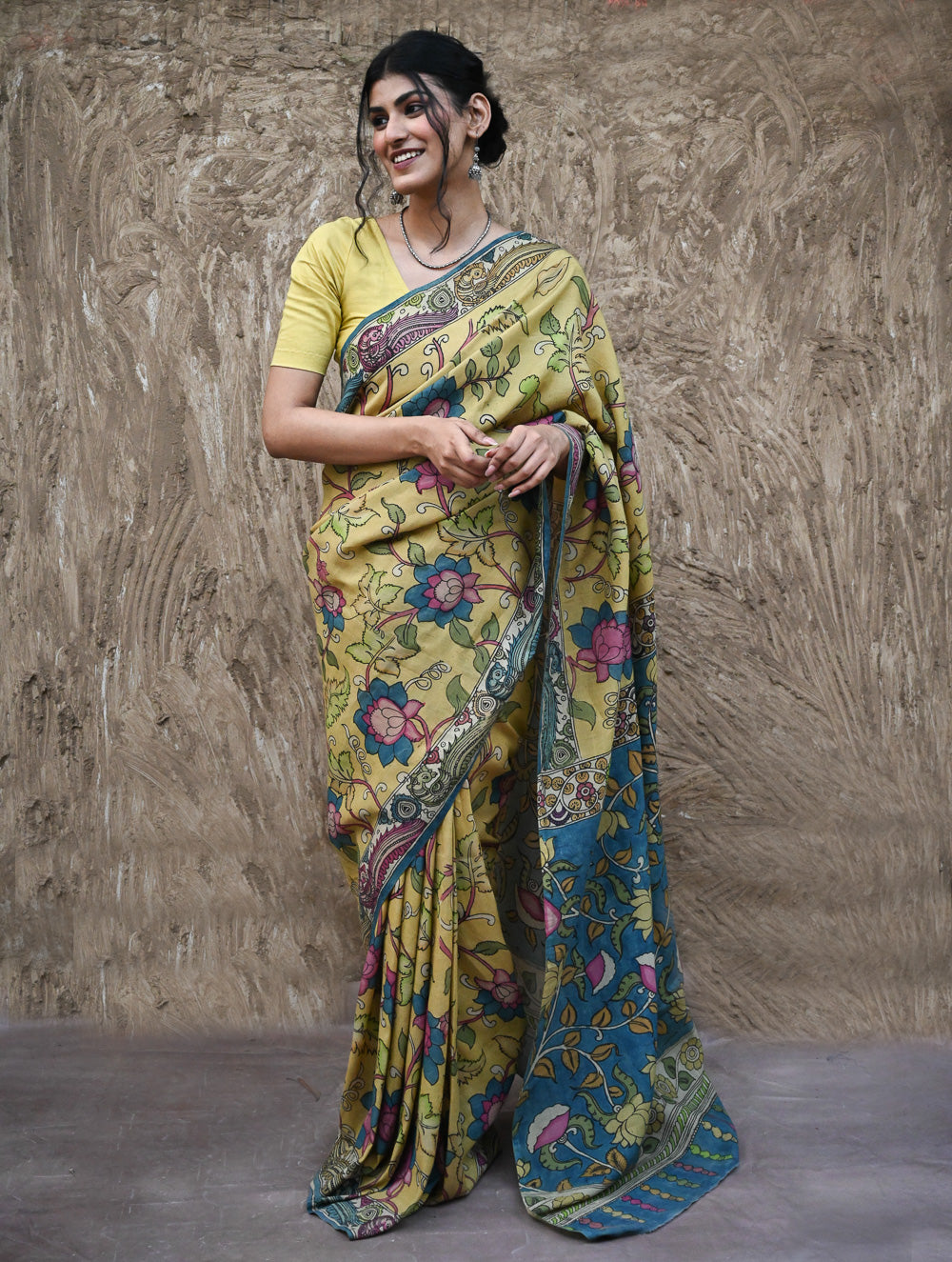 Signature Kalamkari Hand Painted Silk Blend Saree - Mangalavalli