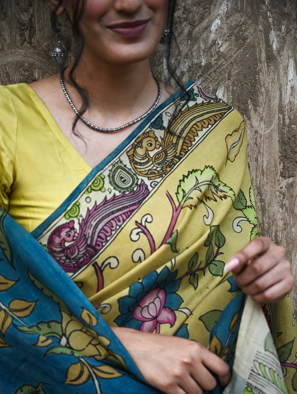 Signature Kalamkari Hand Painted Silk Blend Saree - Mangalavalli
