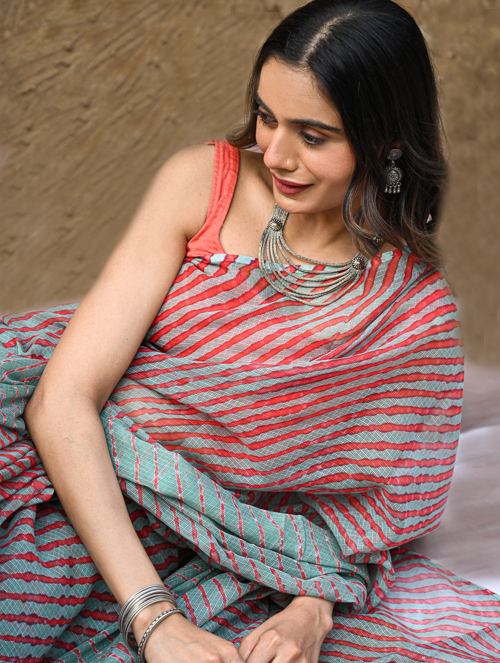 The Rang Tarang Collection : Hand Dyed Leheriya Kota Cotton Saree - Sindoor Saanjh