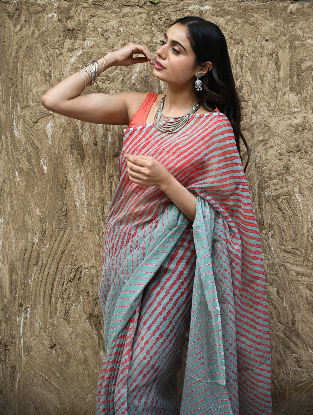 The Rang Tarang Collection : Hand Dyed Leheriya Kota Cotton Saree - Sindoor Saanjh