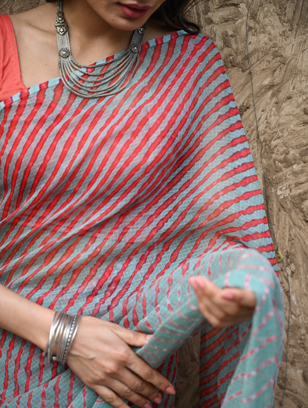 The Rang Tarang Collection : Hand Dyed Leheriya Kota Cotton Saree - Sindoor Saanjh
