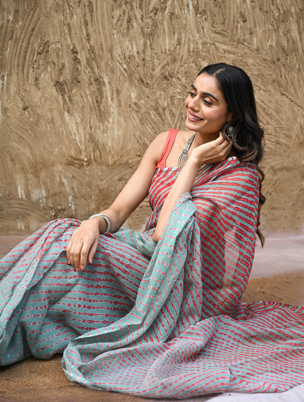 The Rang Tarang Collection : Hand Dyed Leheriya Kota Cotton Saree - Sindoor Saanjh