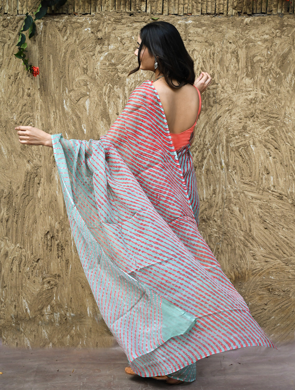 The Rang Tarang Collection : Hand Dyed Leheriya Kota Cotton Saree - Sindoor Saanjh